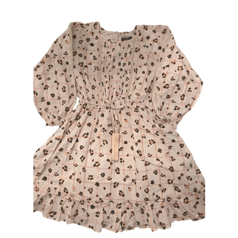 Velveteen Girls Leopard Print Metallic Grid Tassel Dress Pink Gold Size 6Y